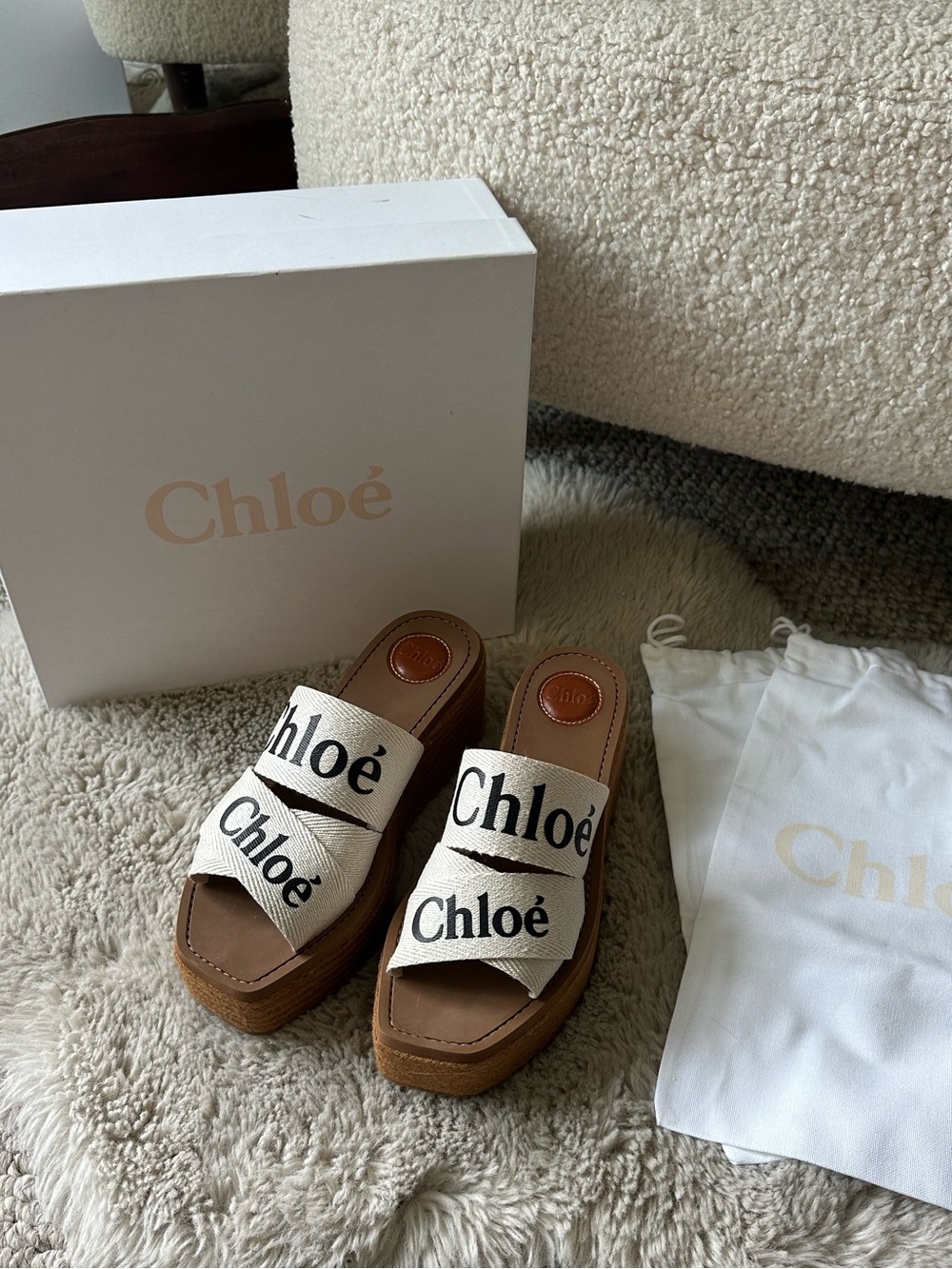Chloé Cream and Brown Woody Wedge Espadrille Sandals